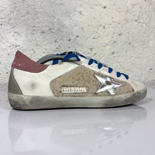 Golden goose Superstar bianche in shearling con lacci blu e stella argento 38