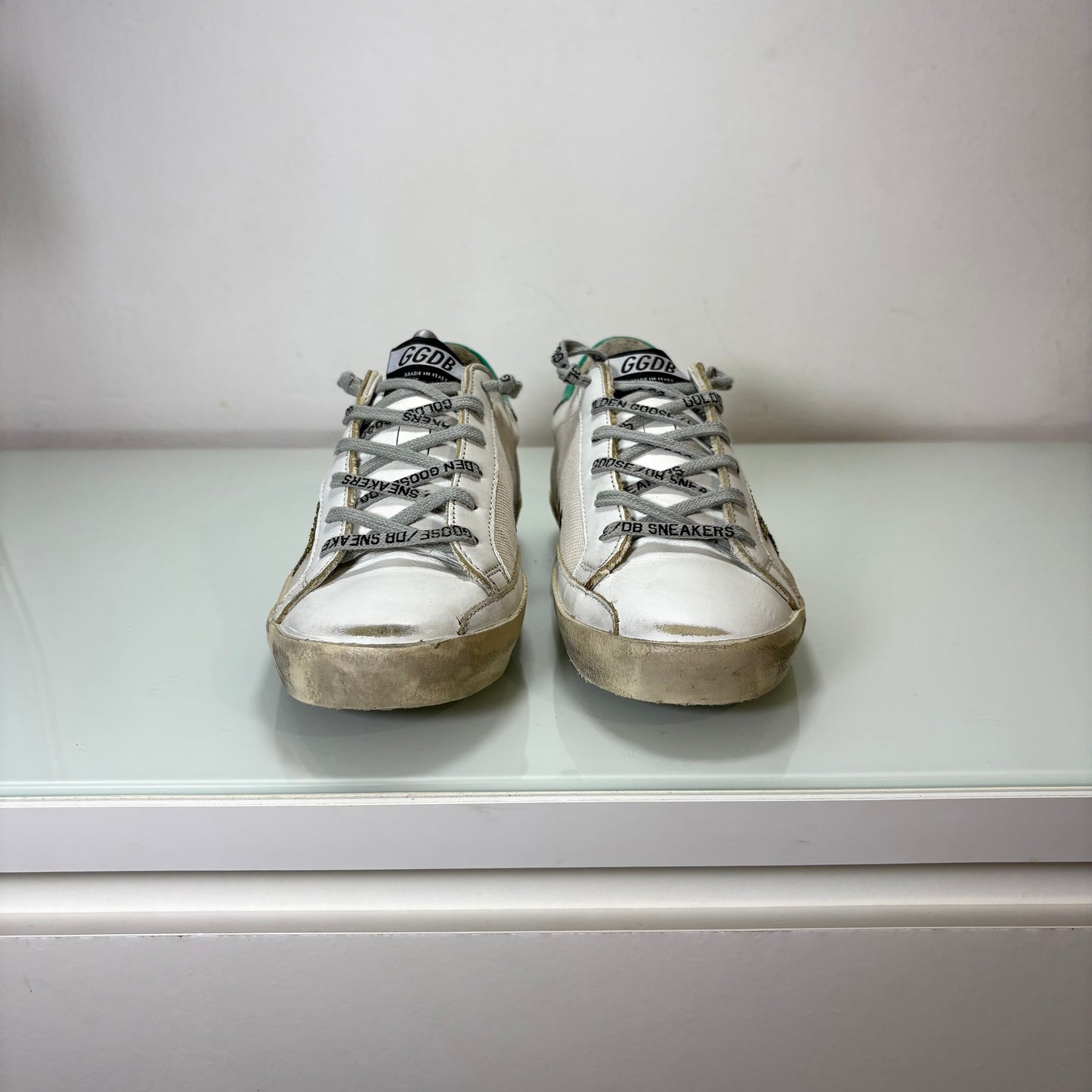 Golden goose superstar bianco sporco, stella Glitter e tallone verde acqua 38