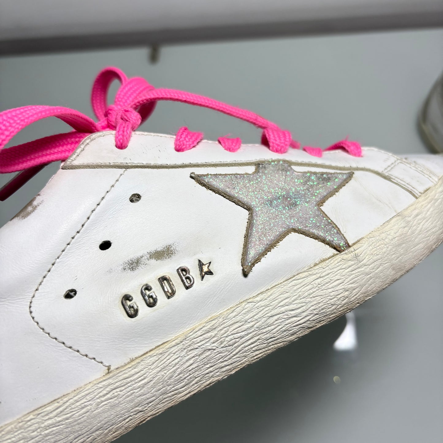 GOLDEN GOOSE SUPERSTAR BIANCO, LACCI ROSA E STELLA ROSA BRILLANTINATA 37