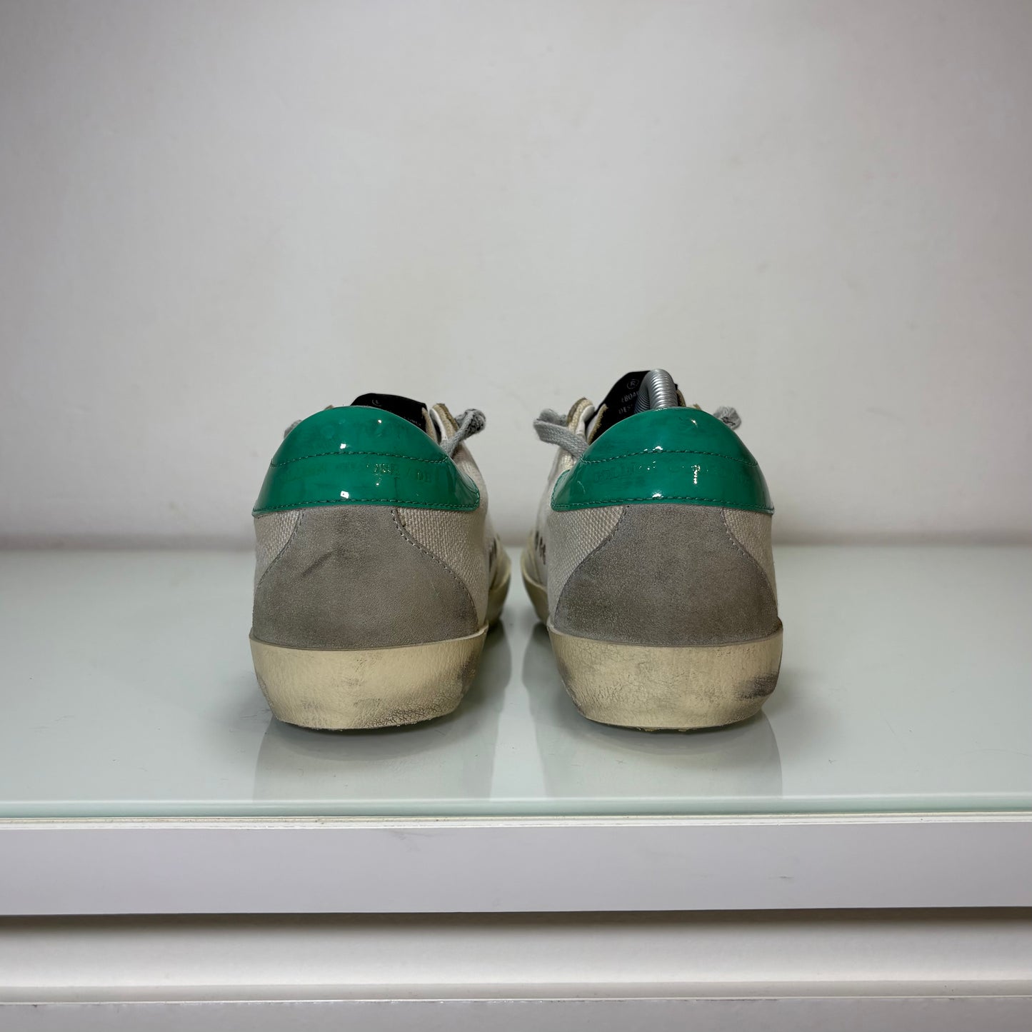 Golden goose superstar bianco sporco, stella Glitter e tallone verde acqua 38