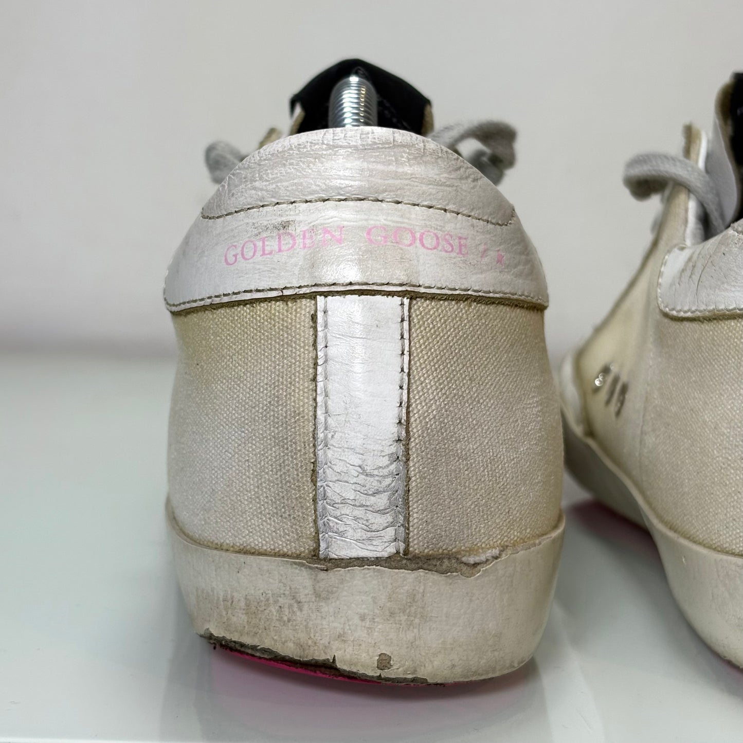 Golden goose Superstar in tessuto e pelle colorazione bianco sporco e lacci grigi 39