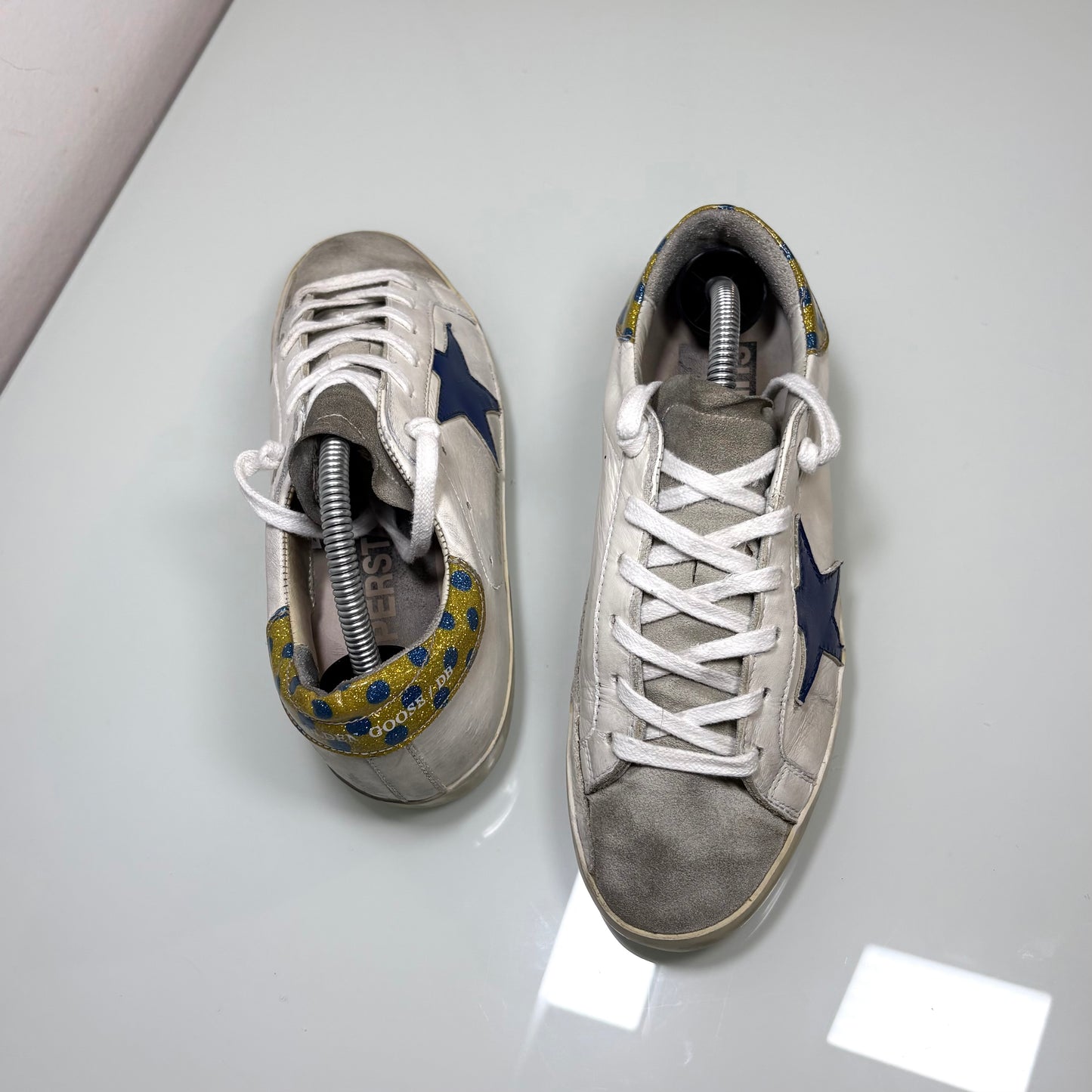 Golden goose Superstar bianco, stella blu e tallone a pois 35