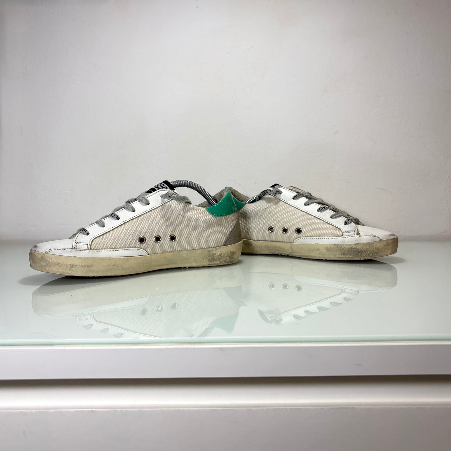 Golden goose superstar bianco sporco, stella Glitter e tallone verde acqua 38