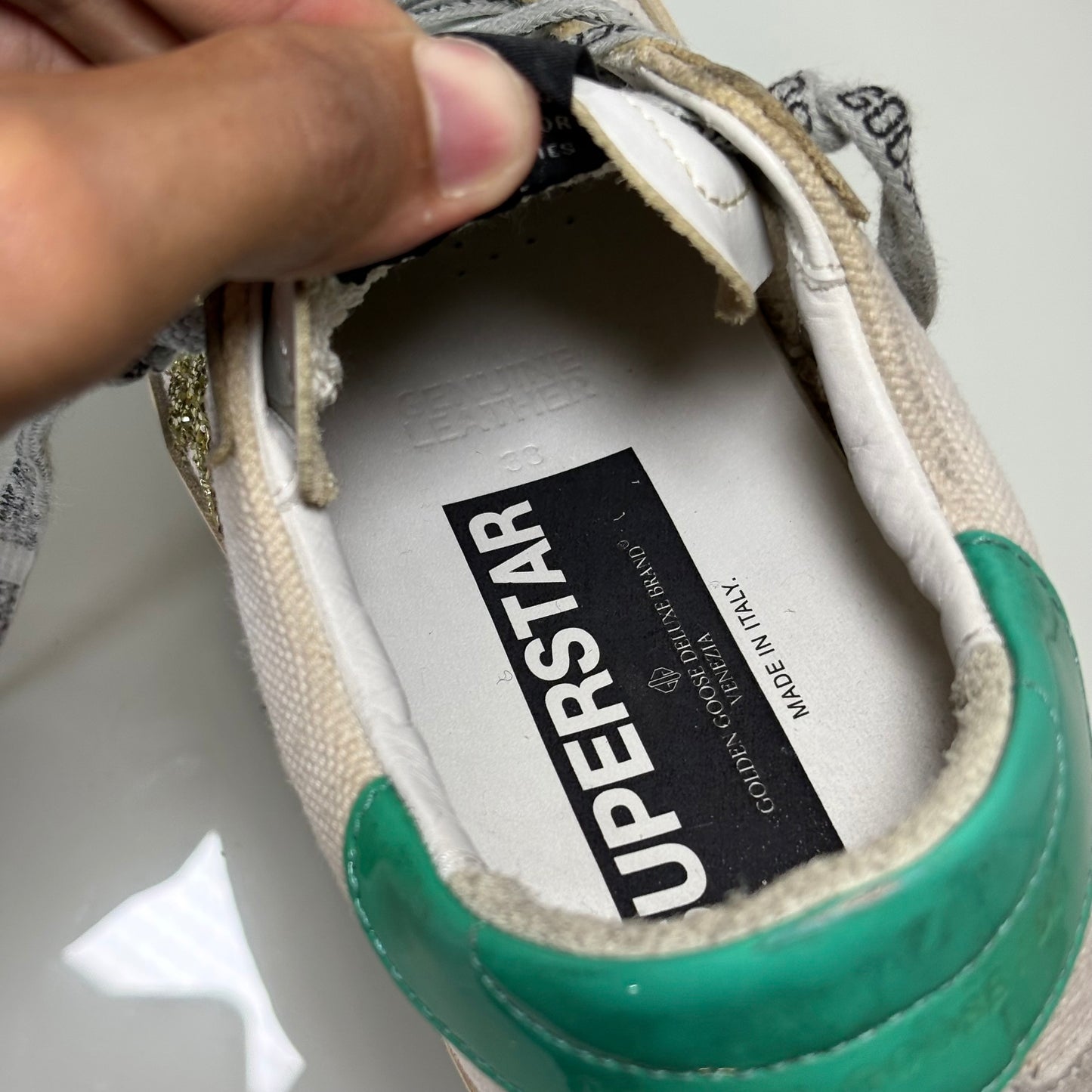 Golden goose superstar bianco sporco, stella Glitter e tallone verde acqua 38