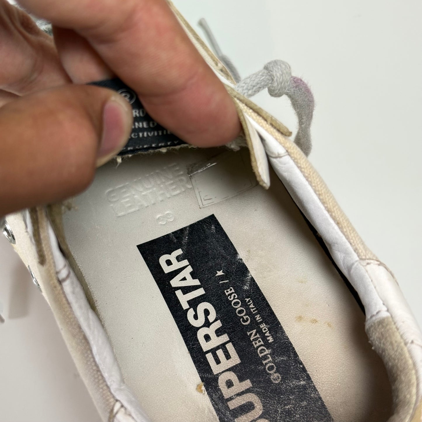 Golden goose Superstar in tessuto e pelle colorazione bianco sporco e lacci grigi 39