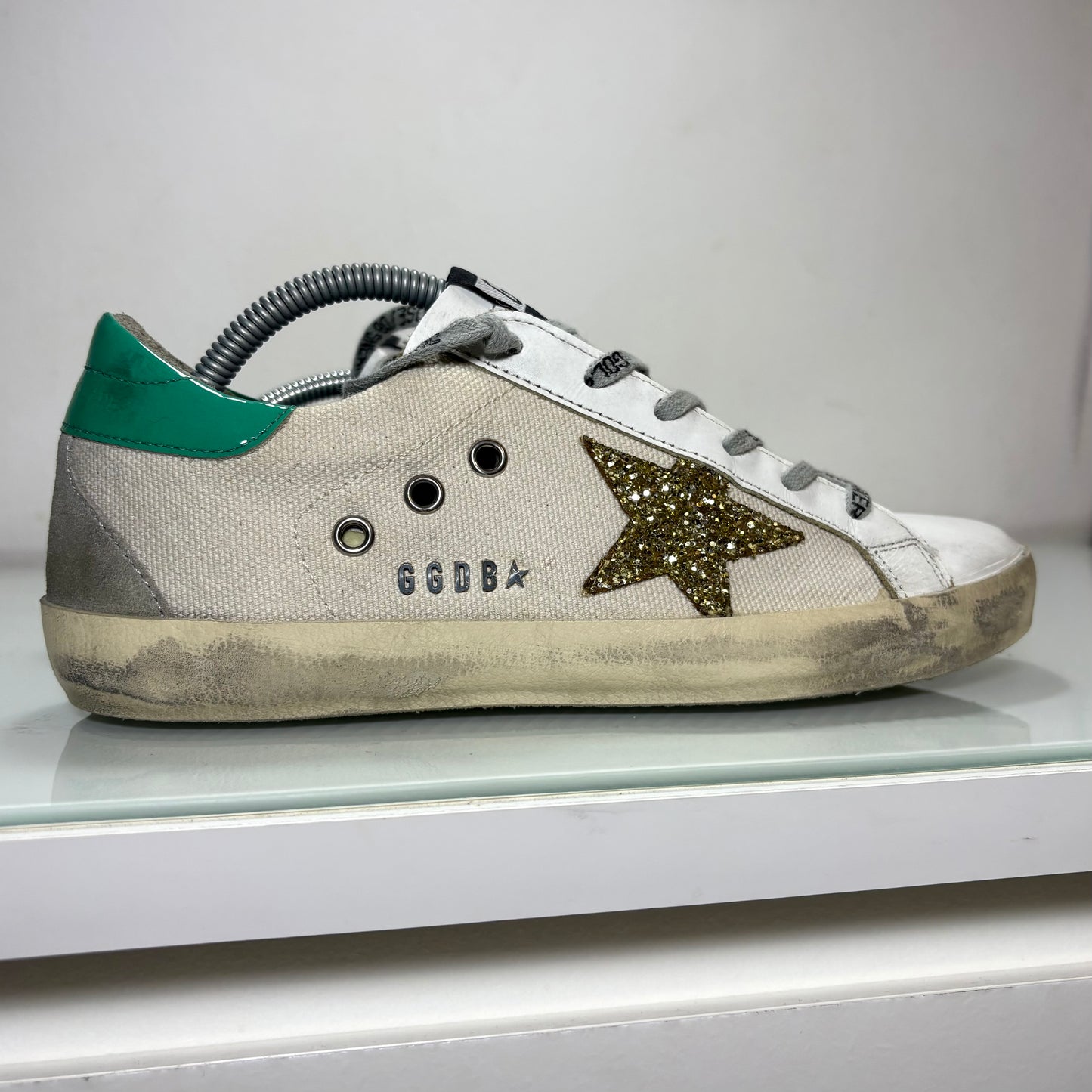 Golden goose superstar bianco sporco, stella Glitter e tallone verde acqua 38