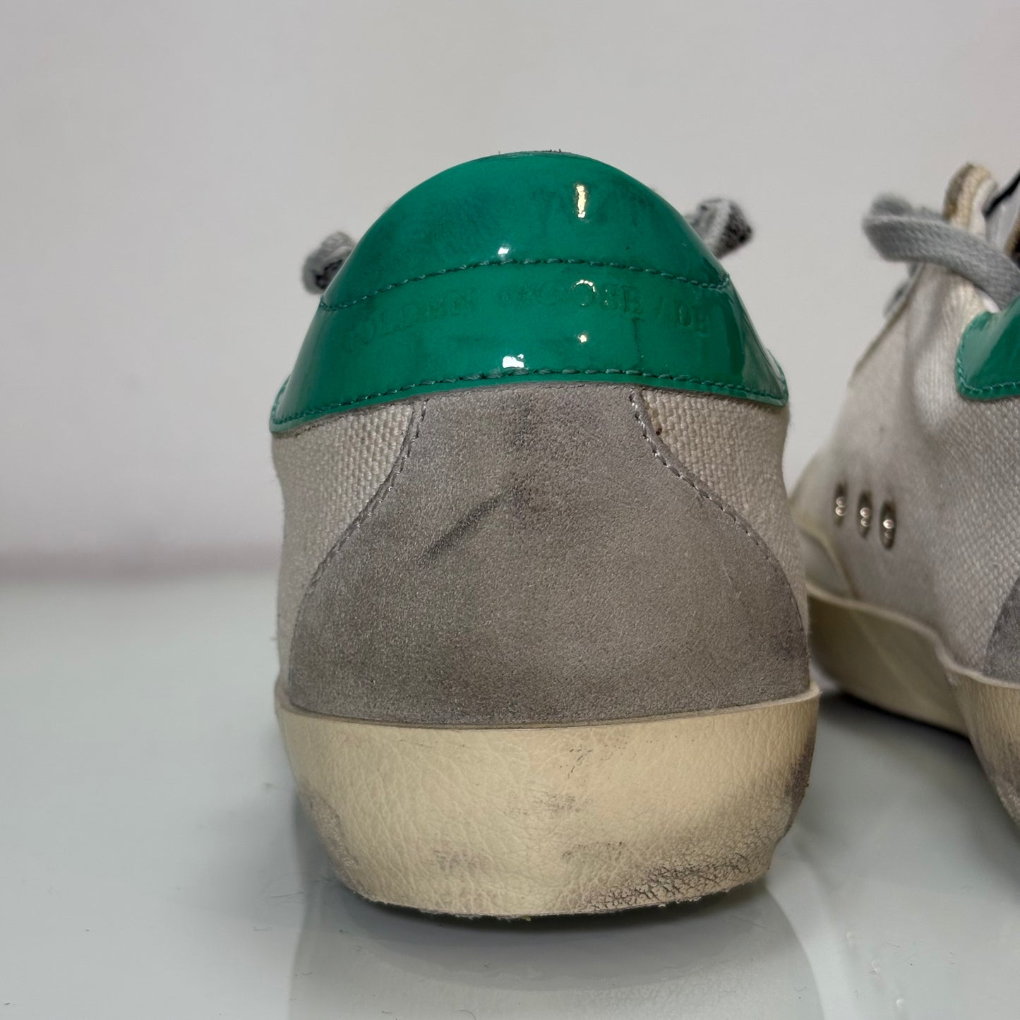 Golden goose superstar bianco sporco, stella Glitter e tallone verde acqua 38