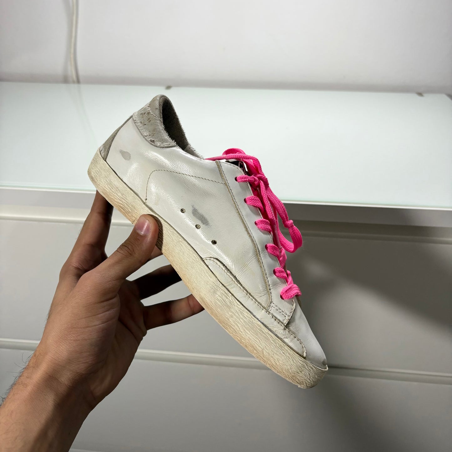 GOLDEN GOOSE SUPERSTAR BIANCO, LACCI ROSA E STELLA ROSA BRILLANTINATA 37