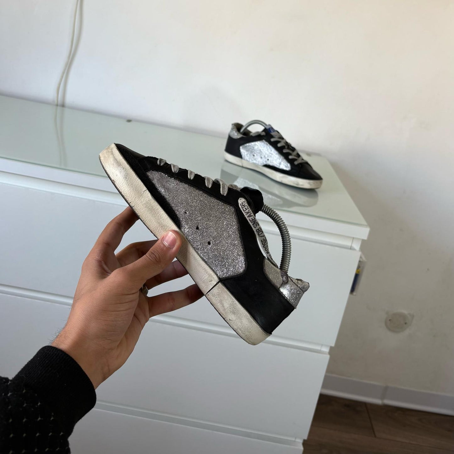 Golden goose glitter Argento e pelle nera 36