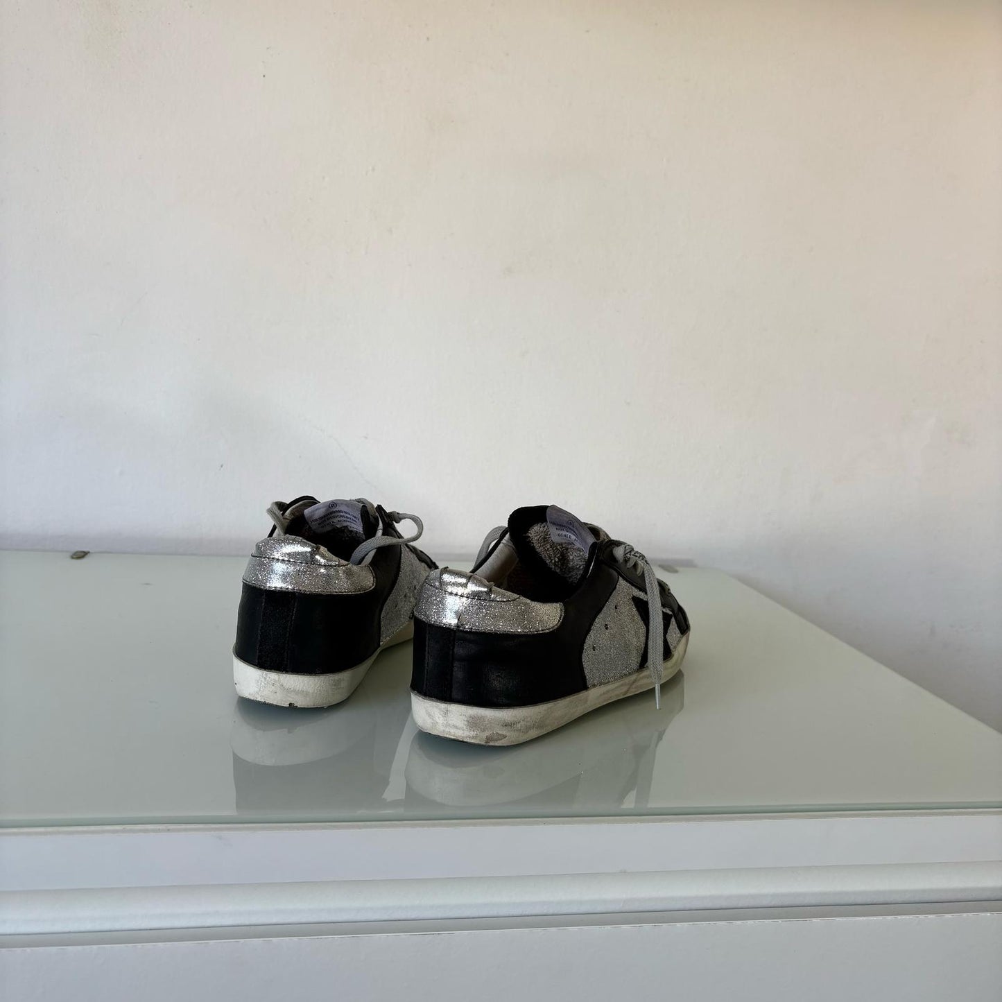 Golden goose glitter Argento e pelle nera 36