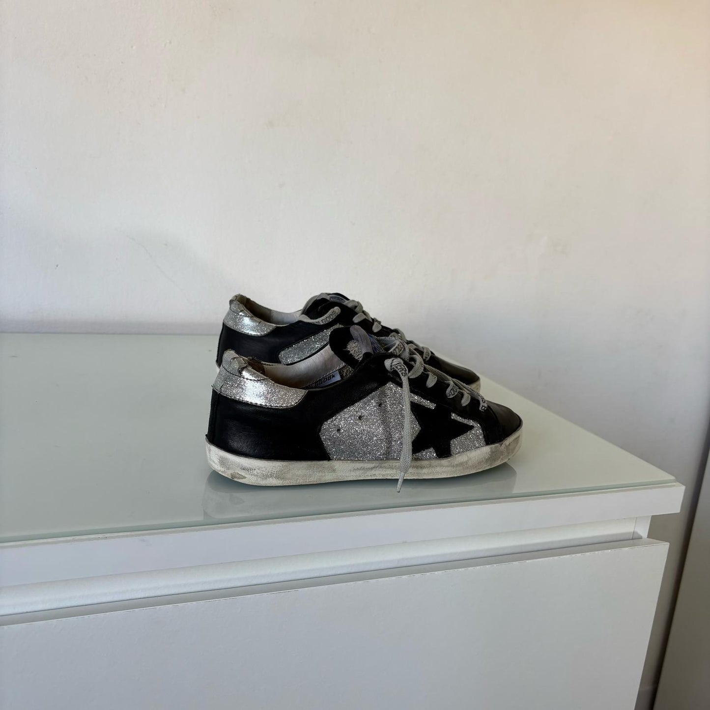 Golden goose glitter Argento e pelle nera 36