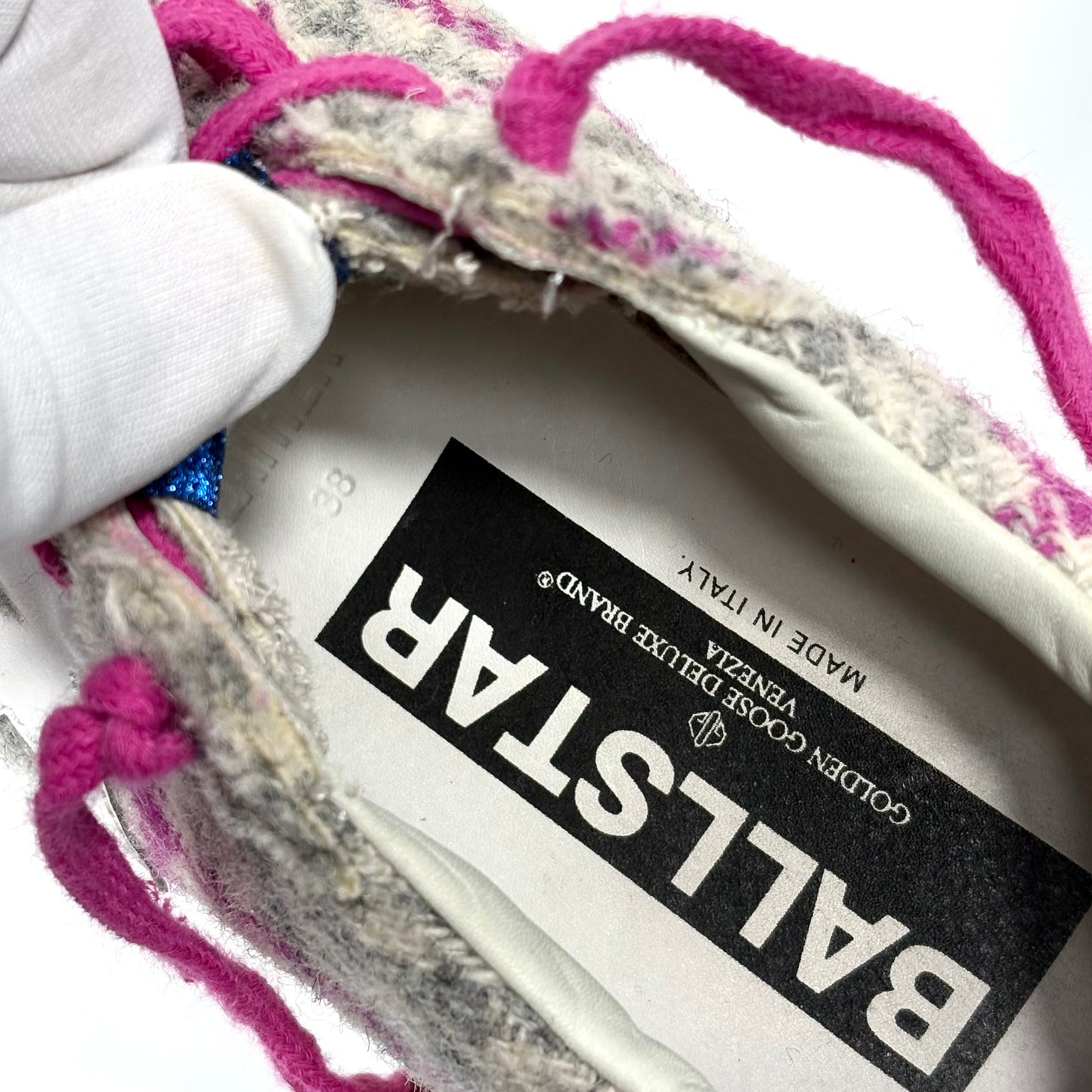 Golden goose Ballstar in trama a quadri grigio e magenta con stella bianca 38