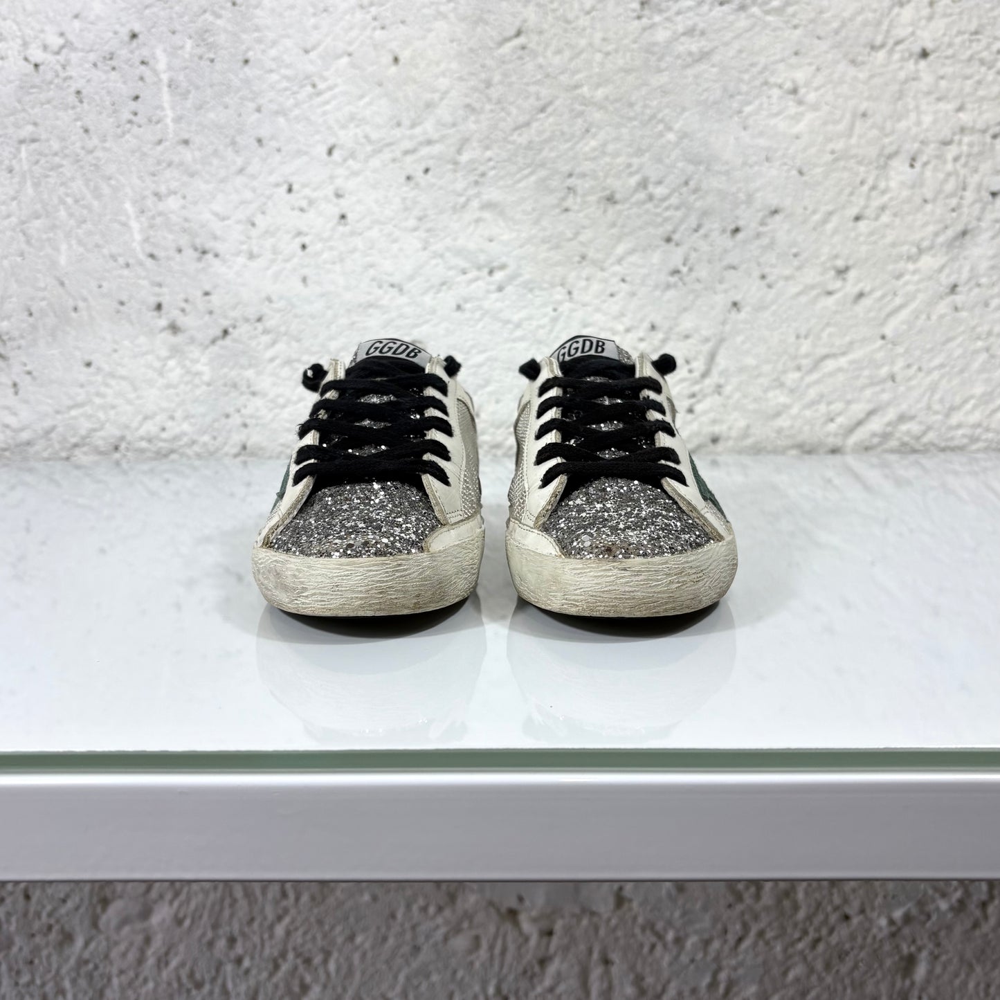 Golden goose Superstar bianche, punta argento glitter e tallone azzurro 36