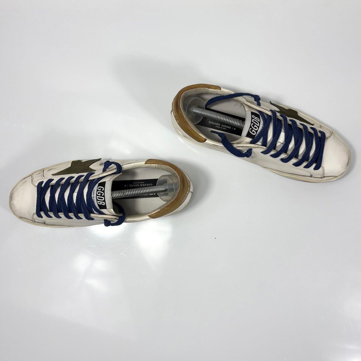 Golden goose Superstar bianche, tallone marrone, stella taupe e lacci blu 39