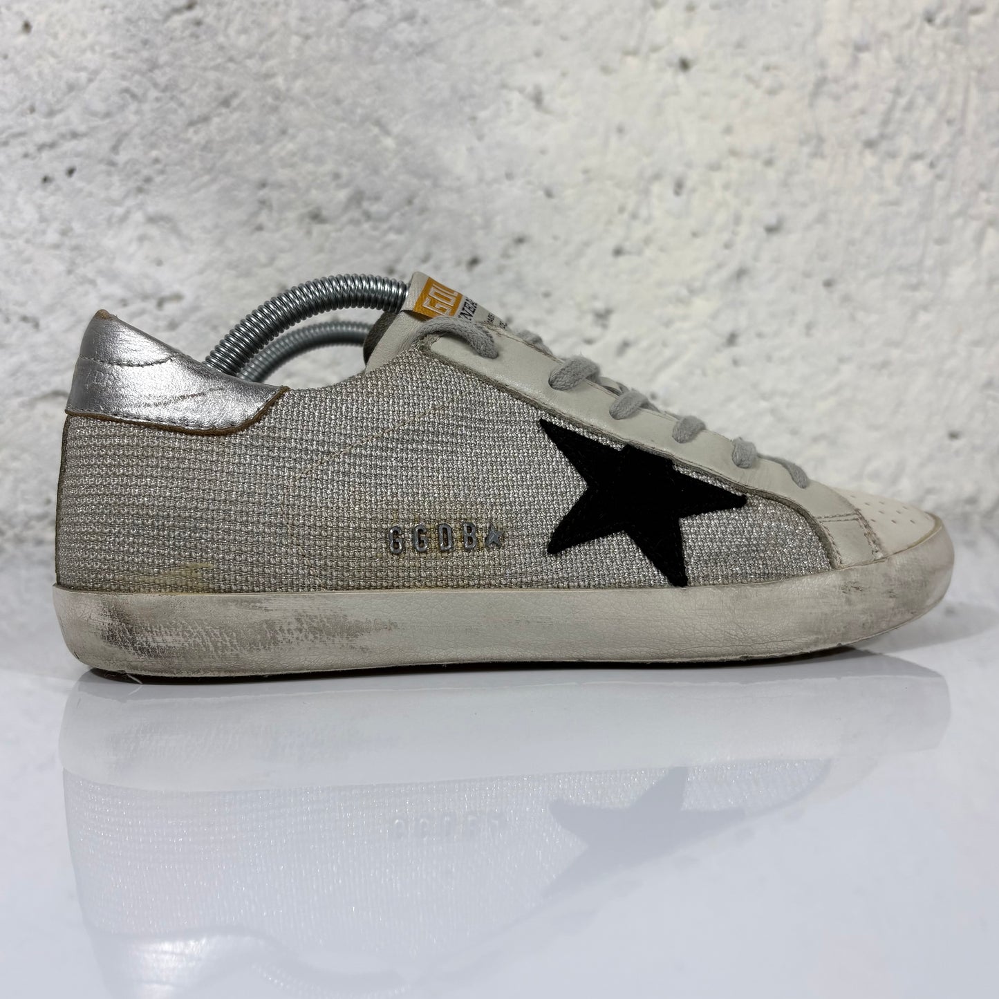 Golden goose Superstr Grigio in tessuto, tallone argento con stella nera 39