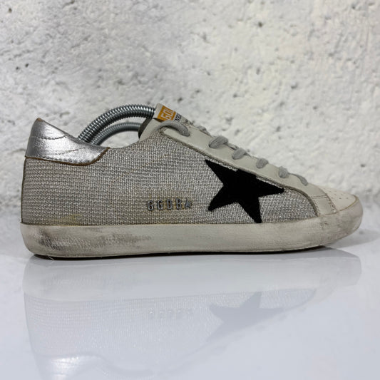 Golden goose Superstr Grigio in tessuto, tallone argento con stella nera 39