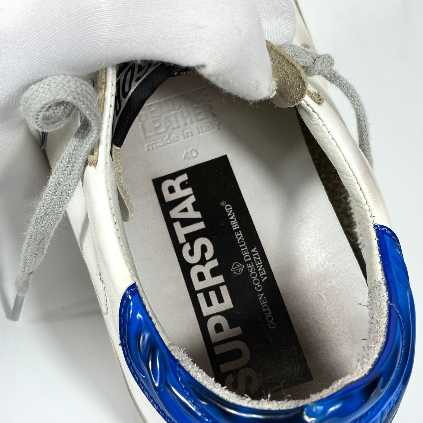 Golden goose Superstar bianche stella e tallone blu 40