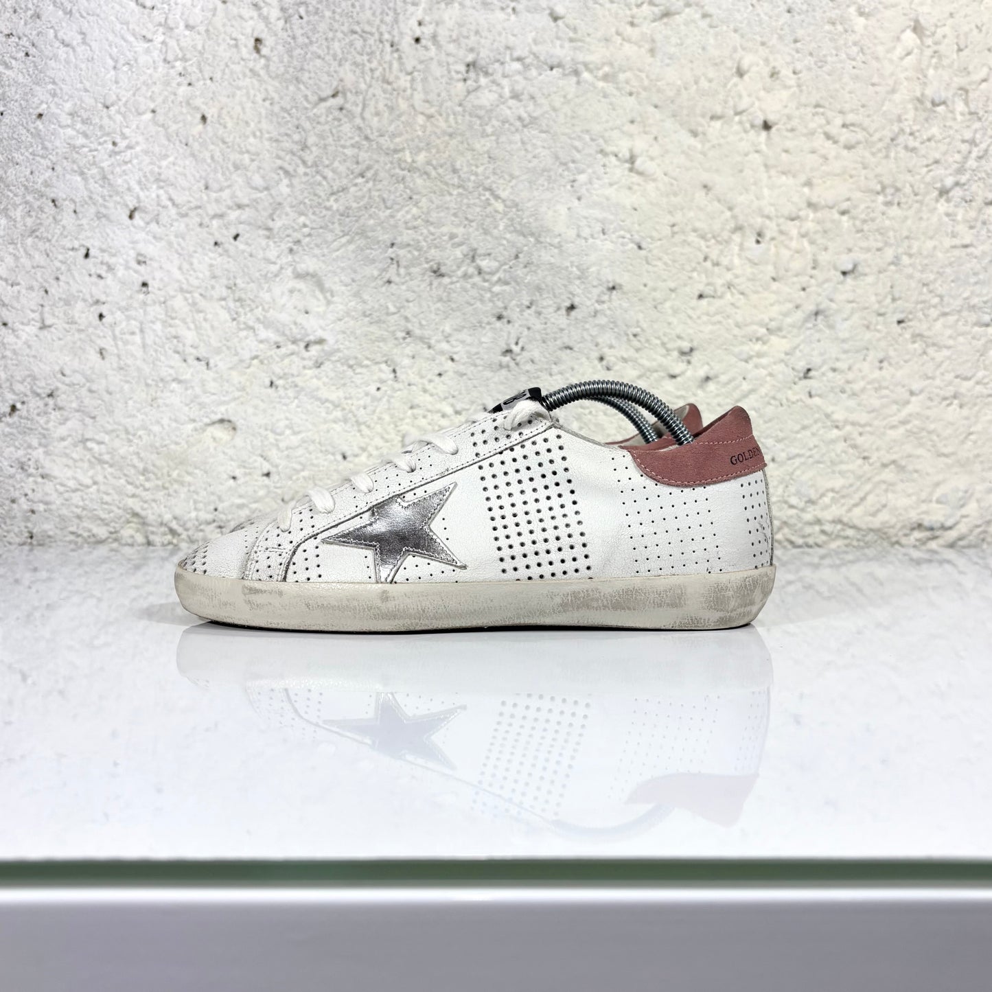 Golden goose Superstar bianche motivo a buchi, stella argento e talloncino Bordeaux 39