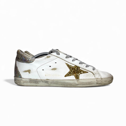 Golden goose Superstar bianche tallone argento paillettes riflessi multicolor 38