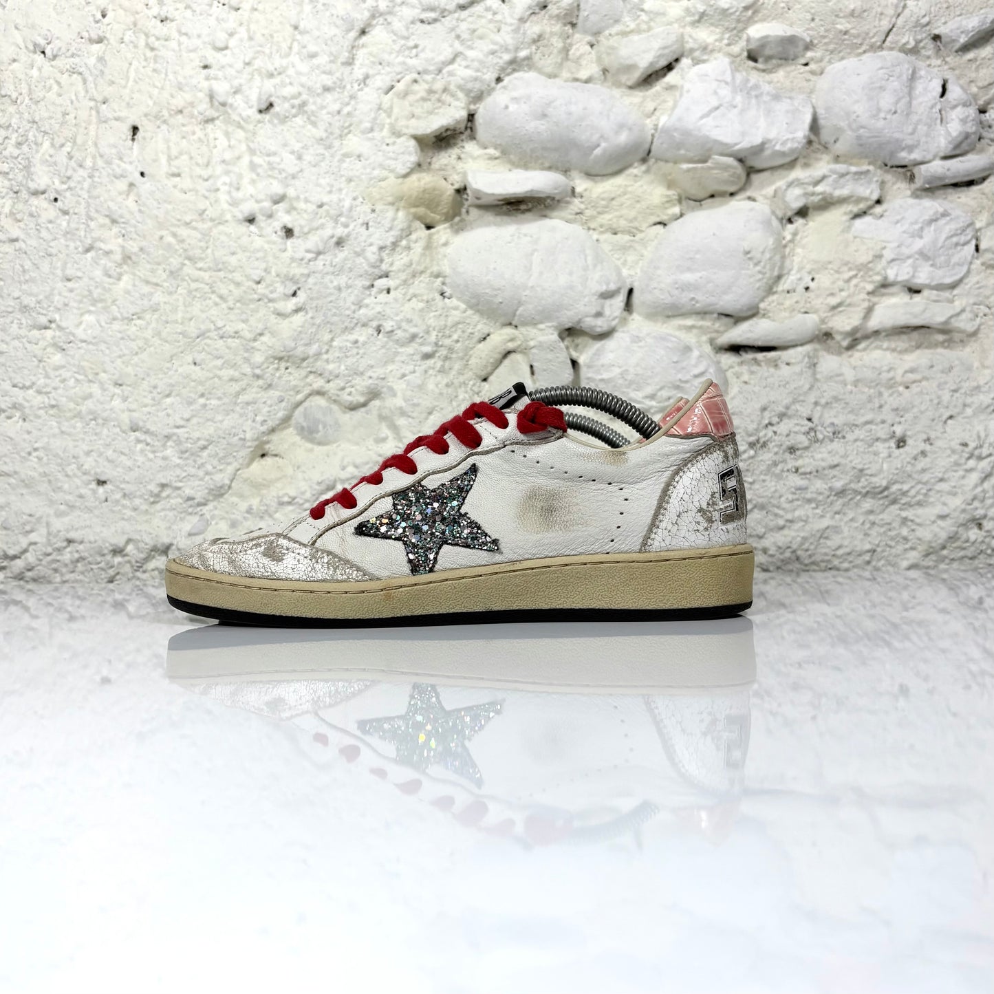 Golden goose Ballstar bianche con stella a paillettes argento e talloncini rosa a squame 37