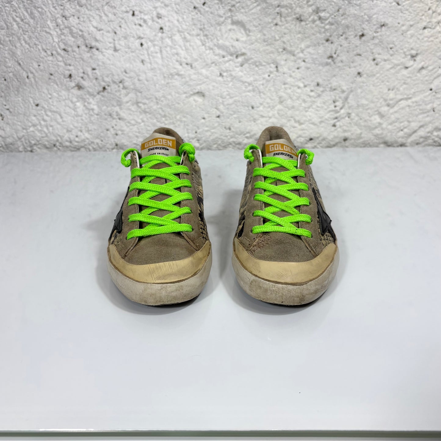 Golden goose Superstar a squame “pitone”, lacci verde talloni brillantinati 37