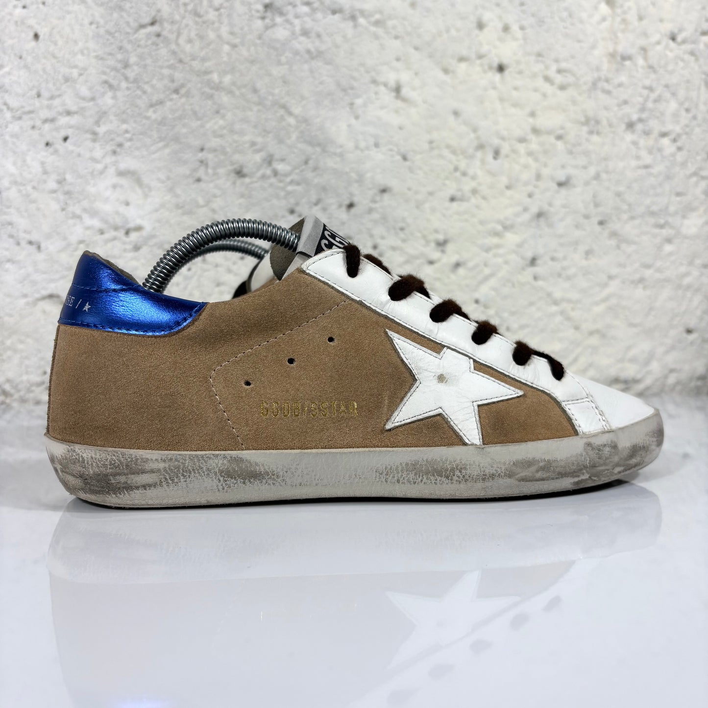 Golden goose Superstar Beige, stella e punta bianca e talloncino blu 39