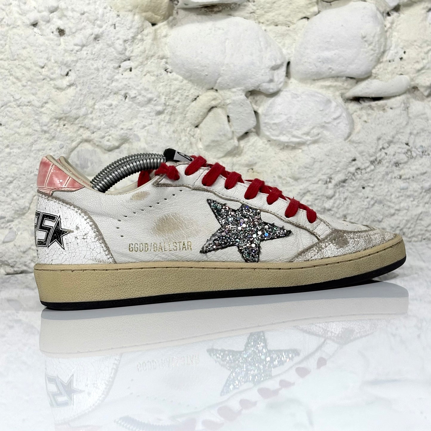 Golden goose Ballstar bianche con stella a paillettes argento e talloncini rosa a squame 37
