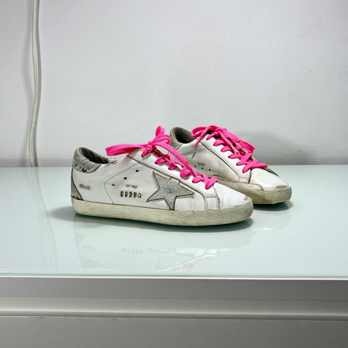 GOLDEN GOOSE SUPERSTAR BIANCO, LACCI ROSA E STELLA ROSA BRILLANTINATA 37