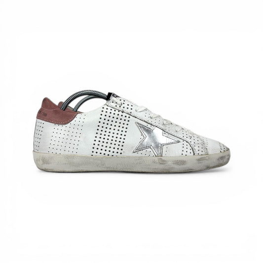 Golden goose Superstar bianche motivo a buchi, stella argento e talloncino Bordeaux 39