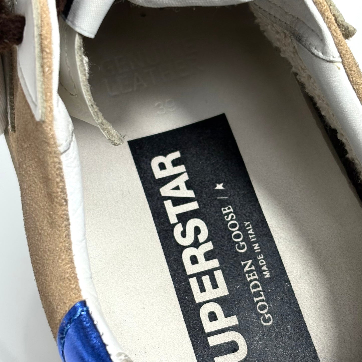 Golden goose Superstar Beige, stella e punta bianca e talloncino blu 39