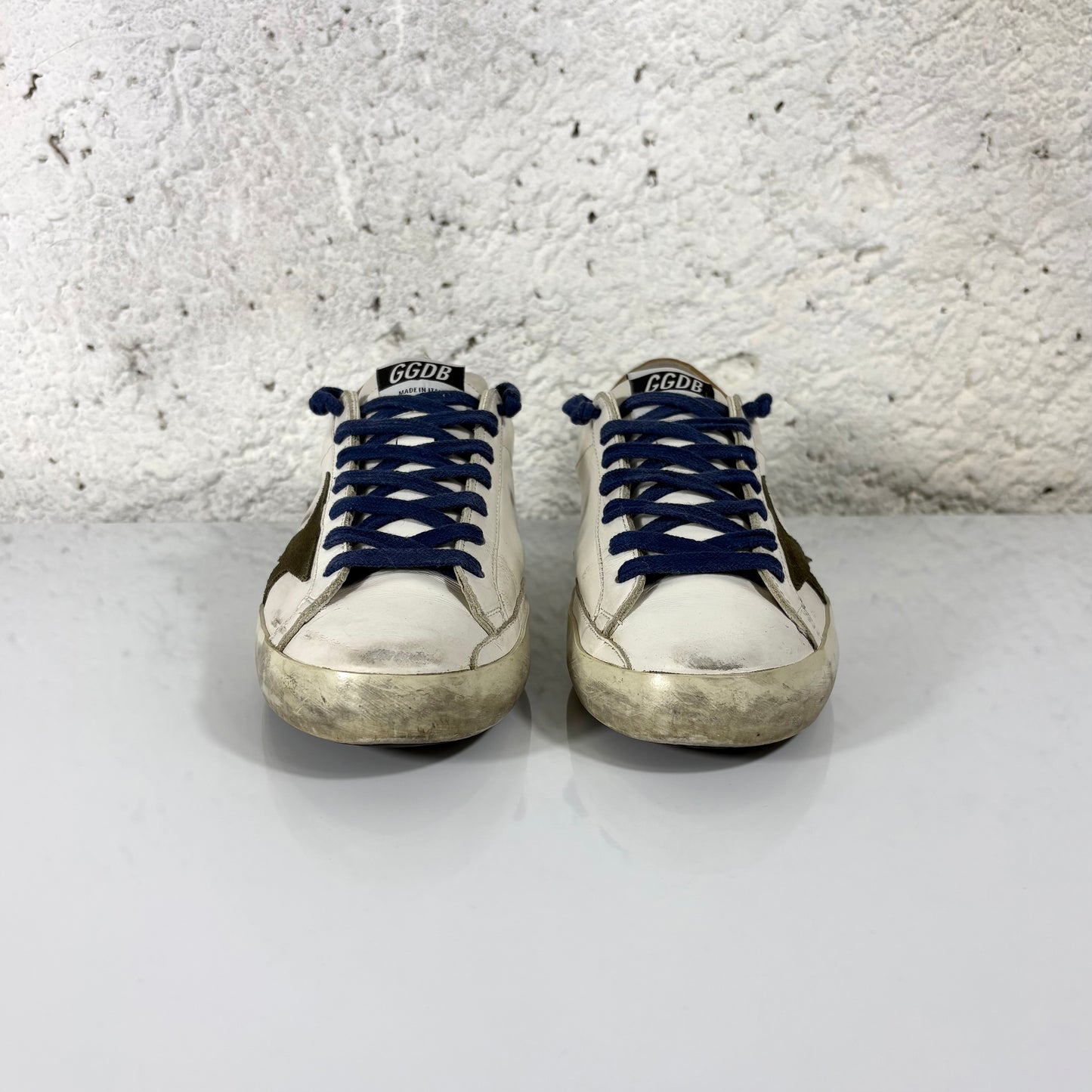 Golden goose Superstar bianche, tallone marrone, stella taupe e lacci blu 39