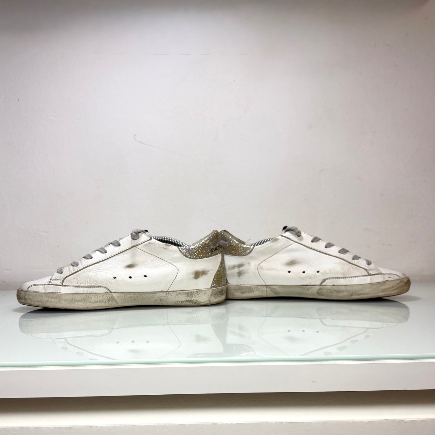 Golden goose Superstar bianche tallone argento paillettes riflessi multicolor 38