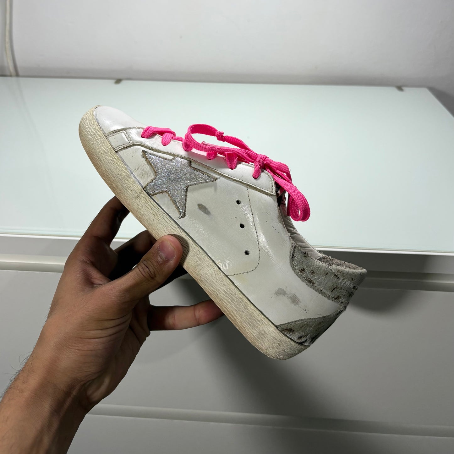 GOLDEN GOOSE SUPERSTAR BIANCO, LACCI ROSA E STELLA ROSA BRILLANTINATA 37
