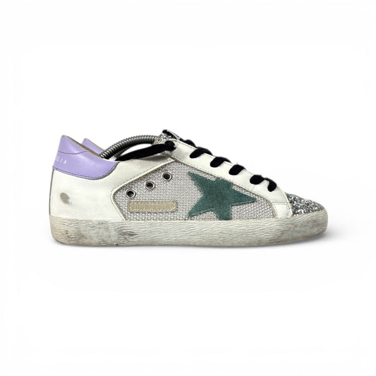 Golden goose Superstar bianche, punta argento glitter e tallone azzurro 36
