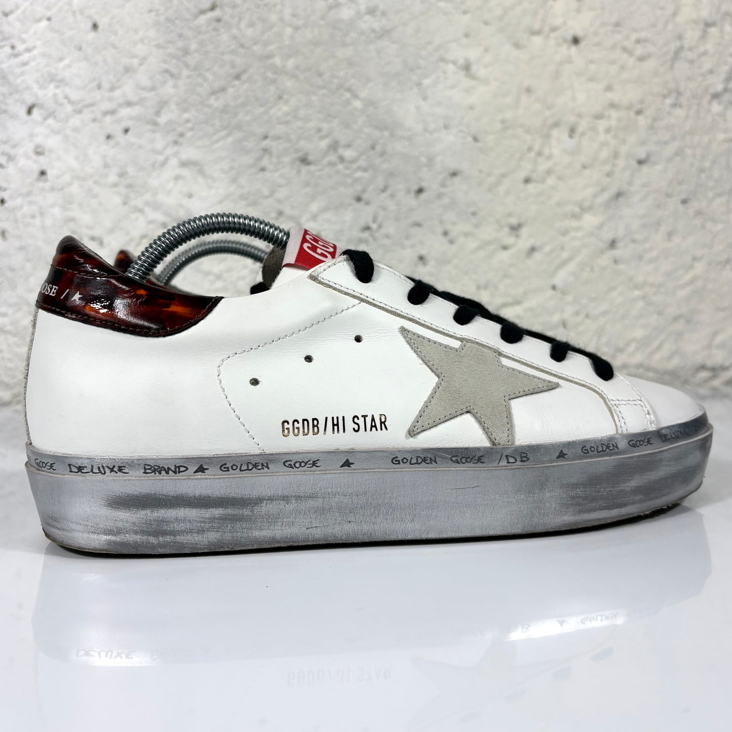 Golden goose Hi Star bianche, tallone rosso e fascia sulla suola argento