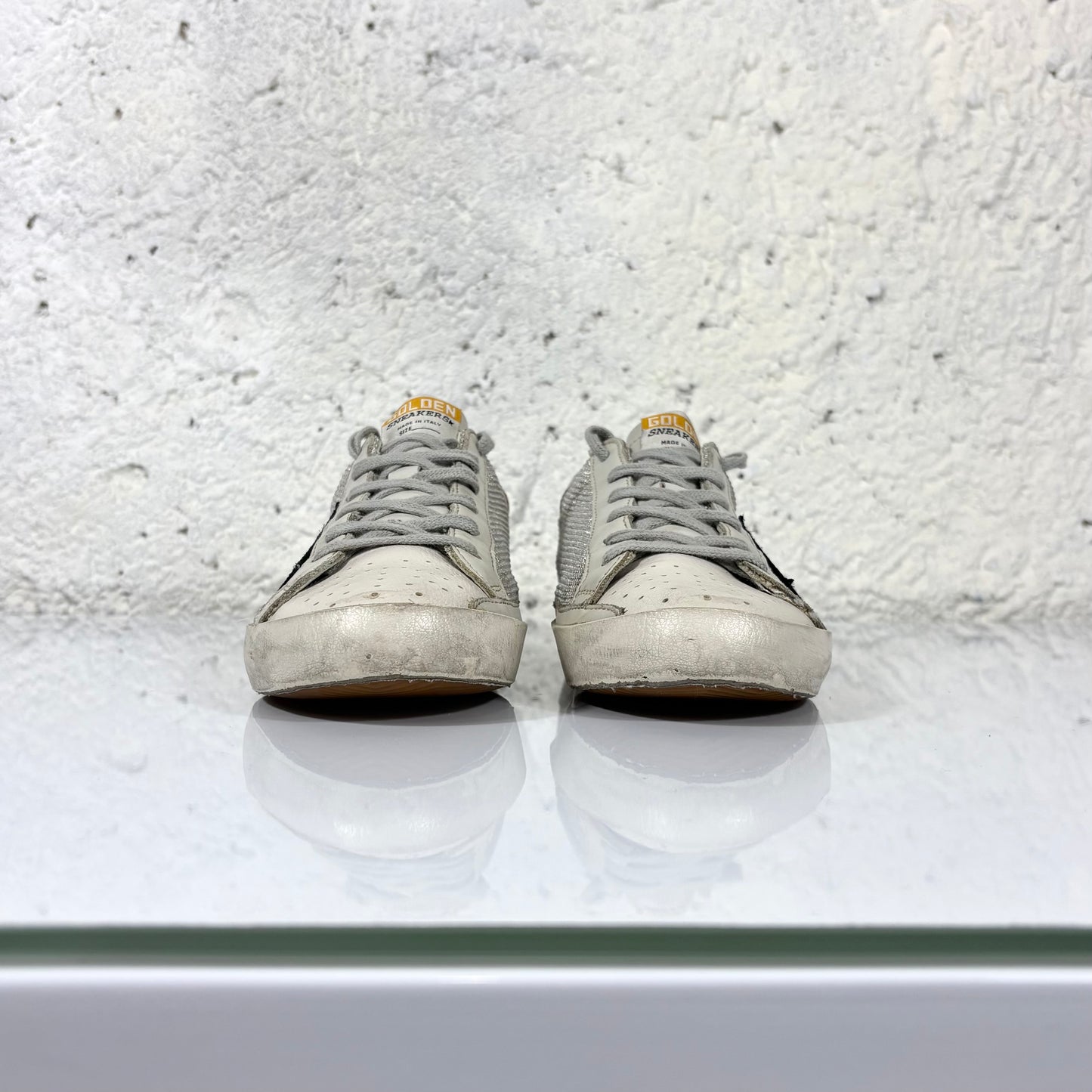 Golden goose Superstr Grigio in tessuto, tallone argento con stella nera 39