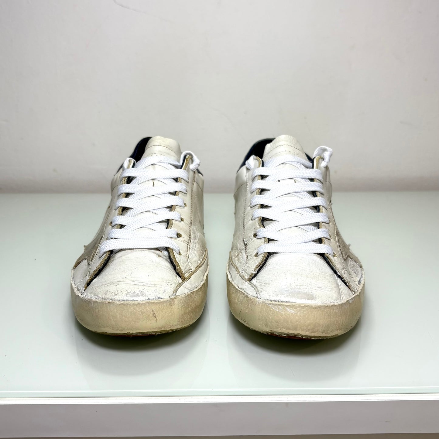 Golden goose Superstar bianche tallone blu e stella grigia 42