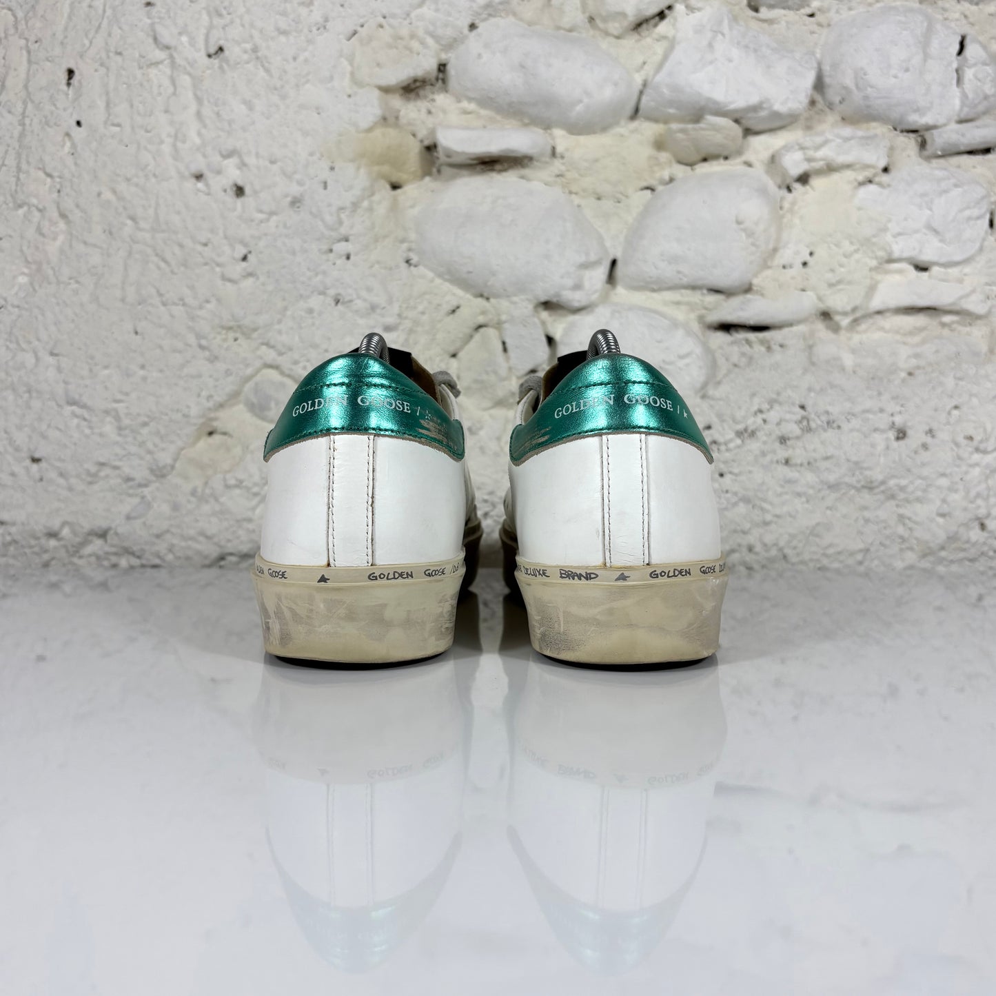 Golden goose Hi Star bianche con talloncini verde smeraldo e stella glitter 39