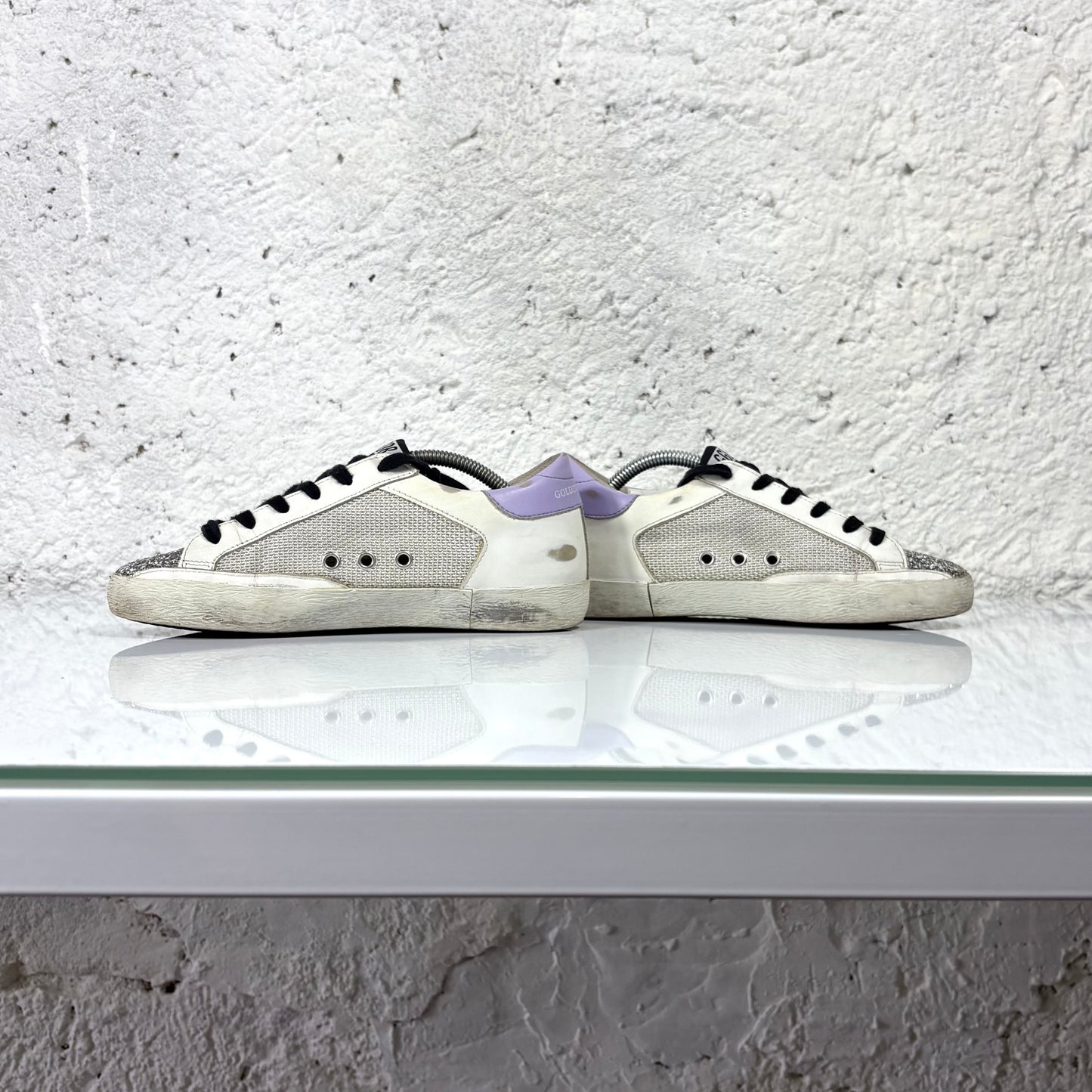 Golden goose Superstar bianche, punta argento glitter e tallone azzurro 36