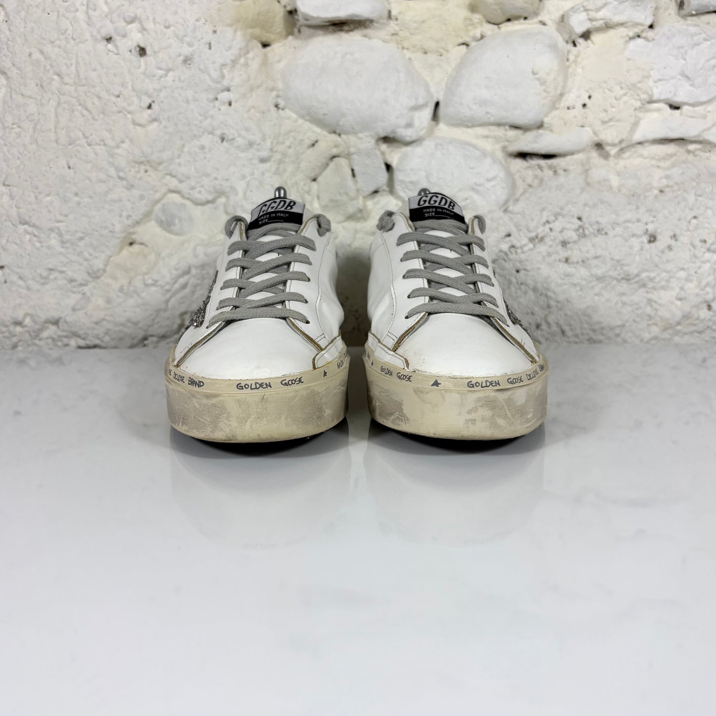 Golden goose Hi Star bianche con talloncini verde smeraldo e stella glitter 39