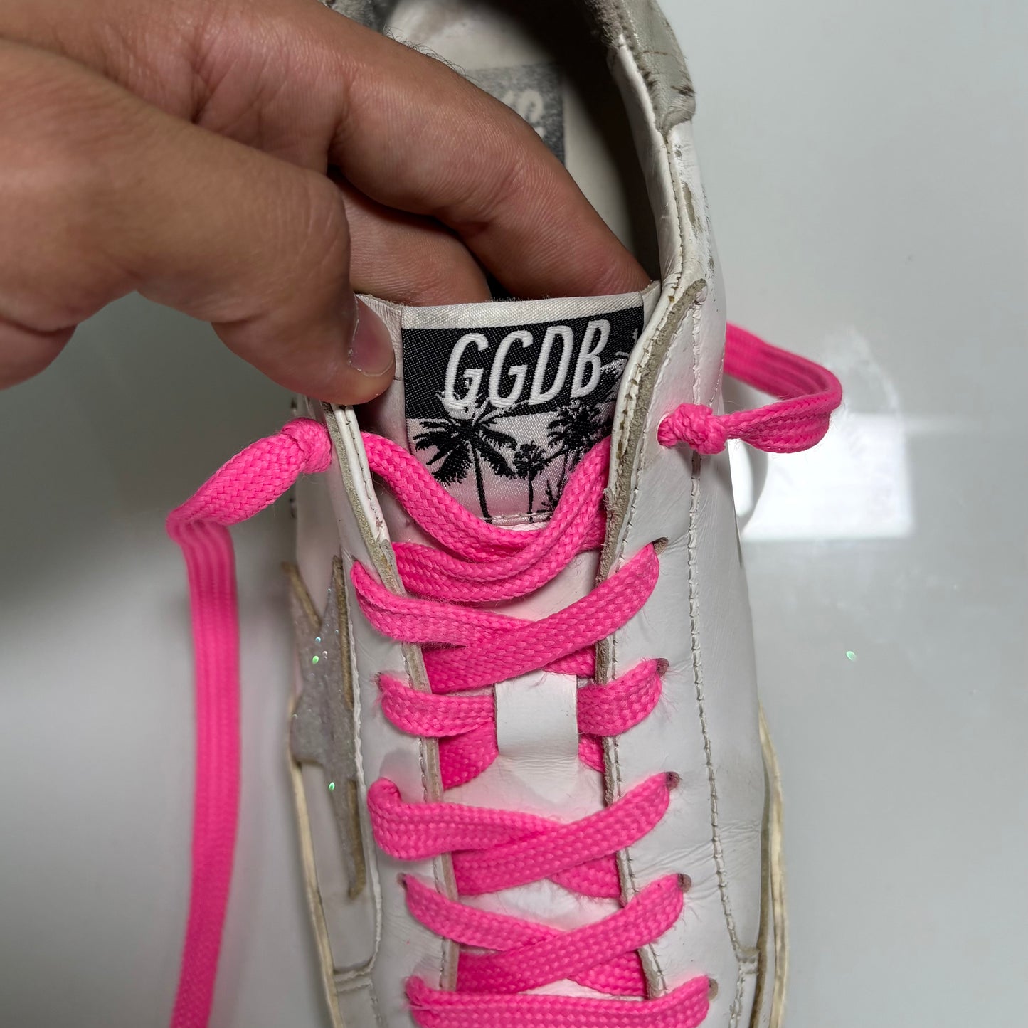 GOLDEN GOOSE SUPERSTAR BIANCO, LACCI ROSA E STELLA ROSA BRILLANTINATA 37