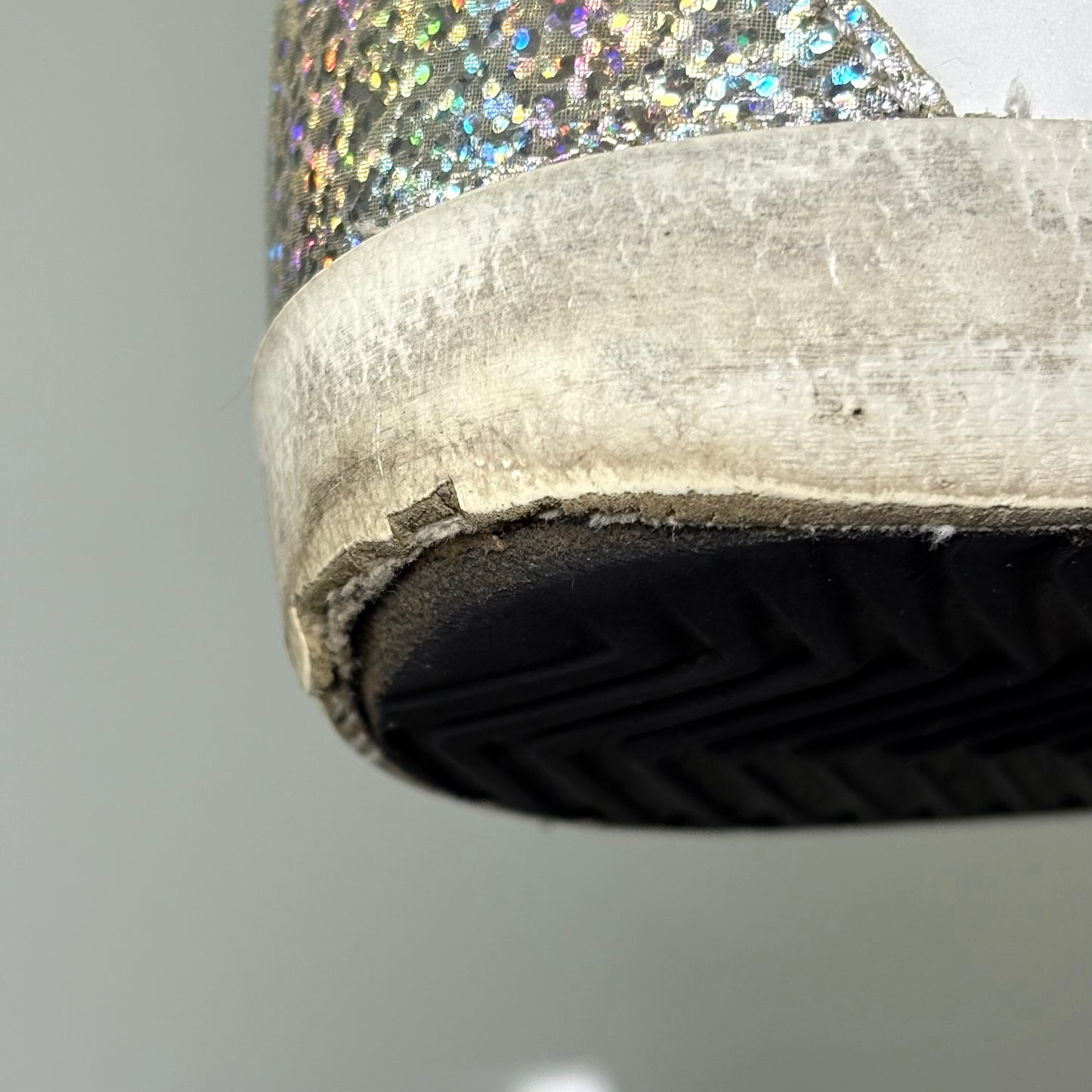 Golden goose Superstar bianche tallone argento paillettes riflessi multicolor 38