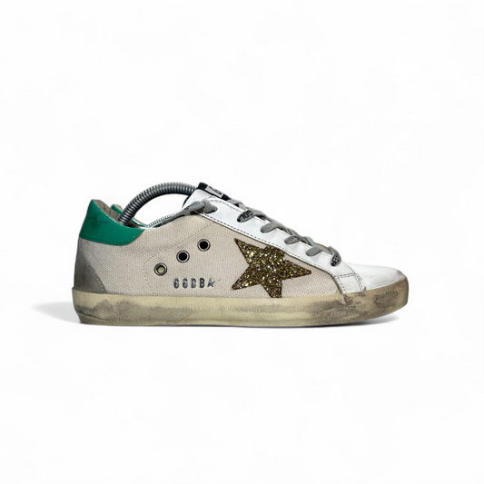Golden goose superstar bianco sporco, stella Glitter e tallone verde acqua 38
