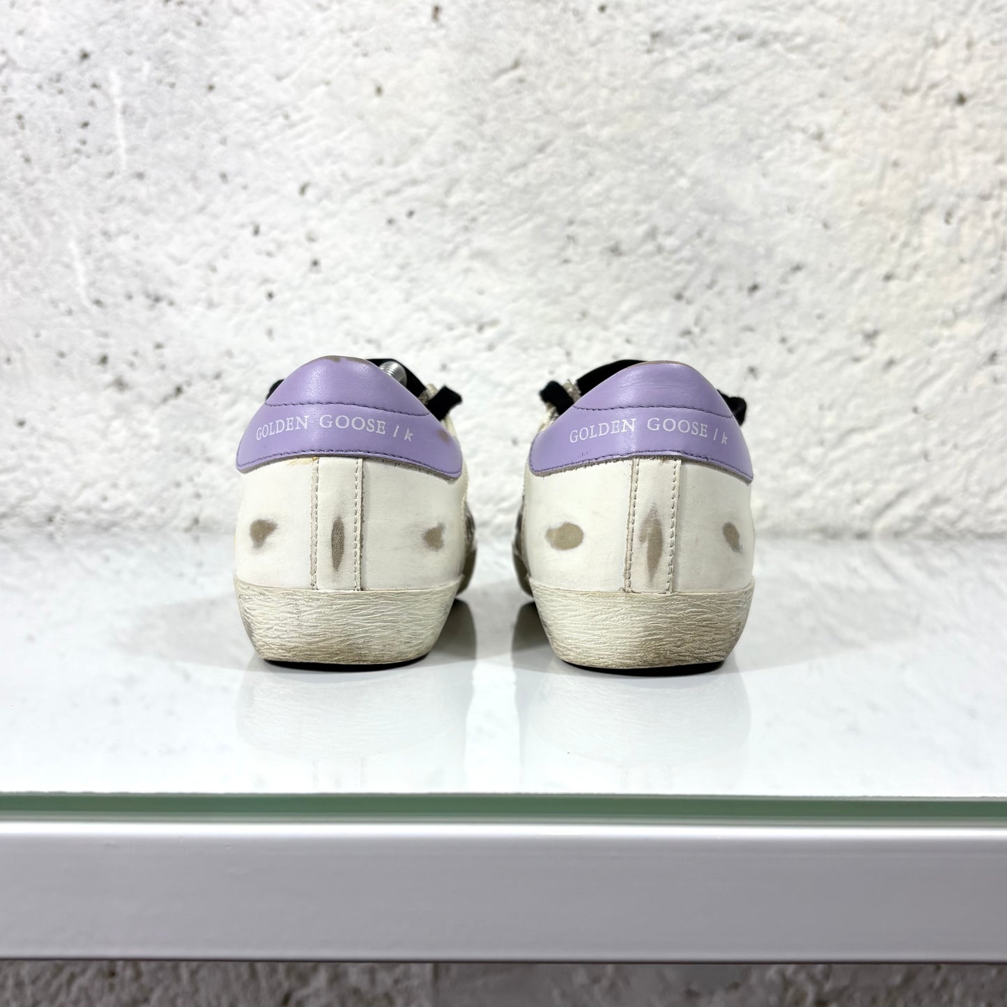 Golden goose Superstar bianche, punta argento glitter e tallone azzurro 36