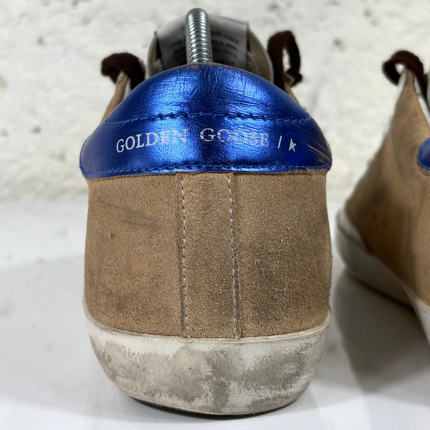 Golden goose Superstar Beige, stella e punta bianca e talloncino blu 39