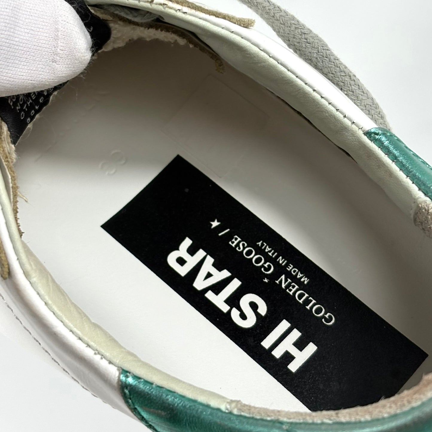Golden goose Hi Star bianche con talloncini verde smeraldo e stella glitter 39