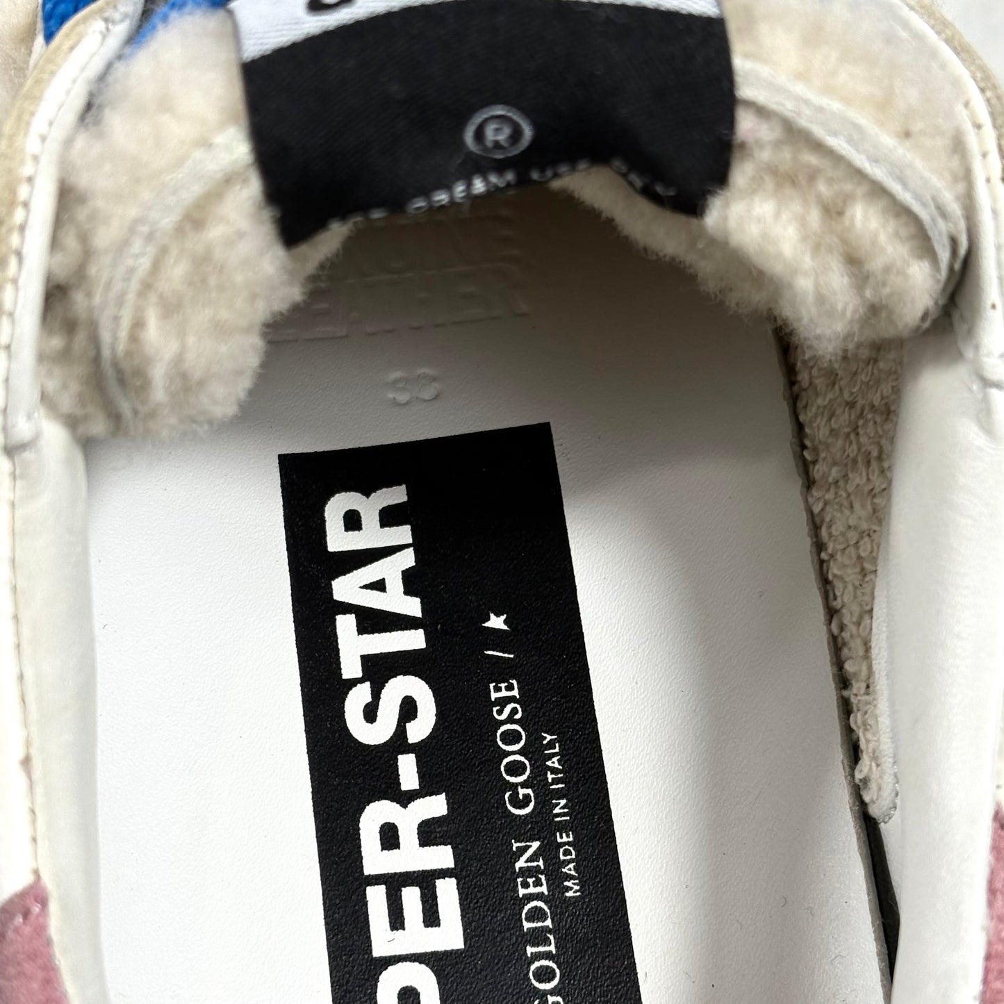 Golden goose Superstar bianche in shearling con lacci blu e stella argento  38