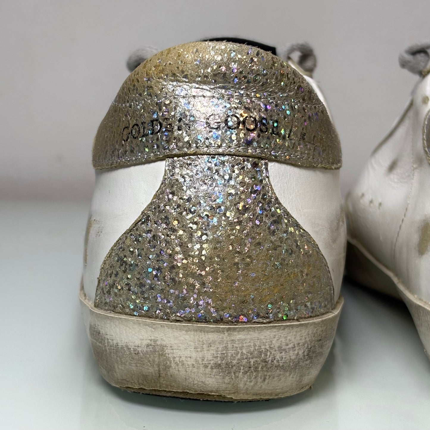 Golden goose Superstar bianche tallone argento paillettes riflessi multicolor 38