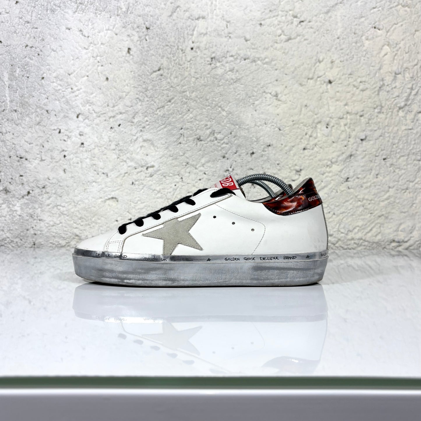 Golden goose Hi Star bianche, tallone rosso e fascia sulla suola argento