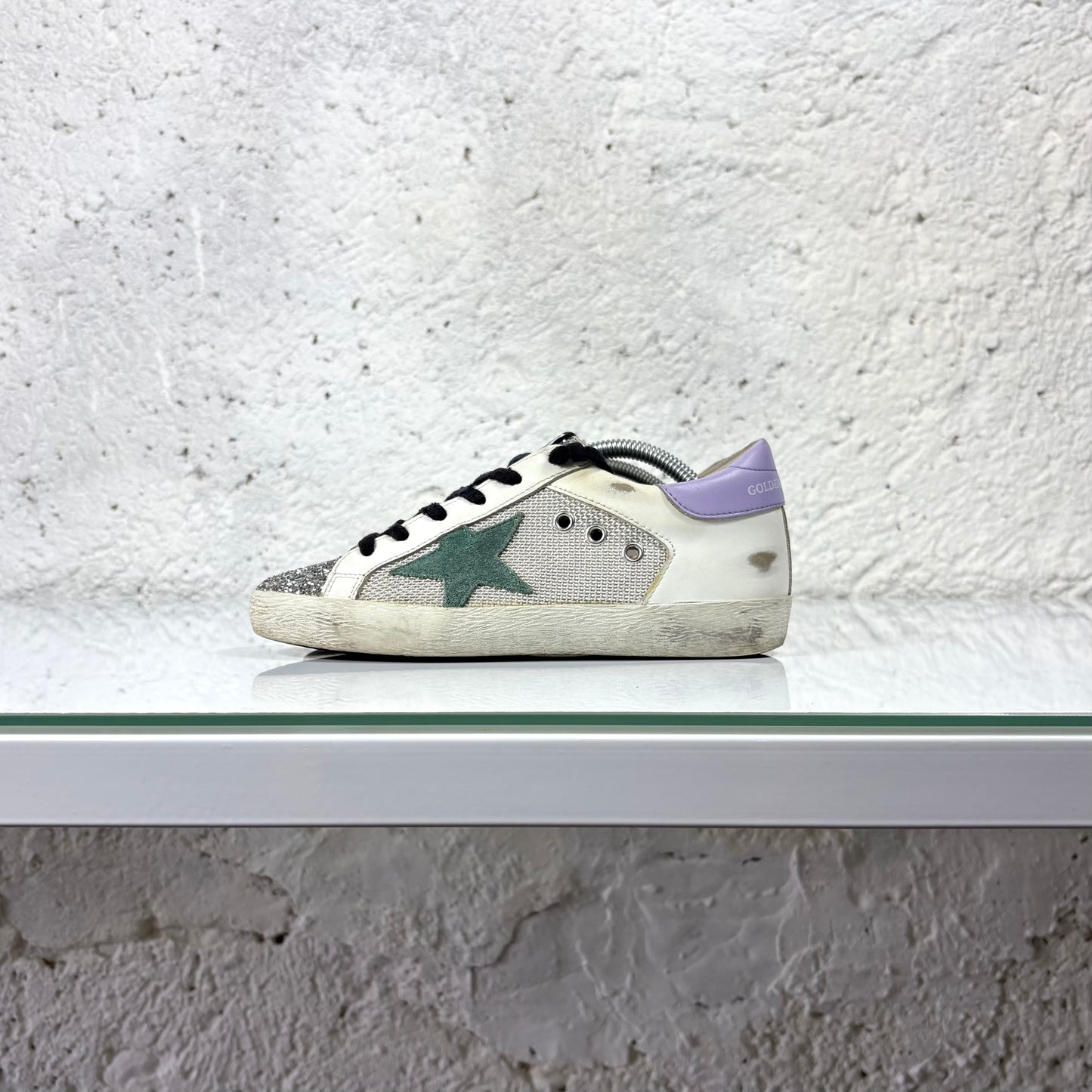 Golden goose Superstar bianche, punta argento glitter e tallone azzurro 36
